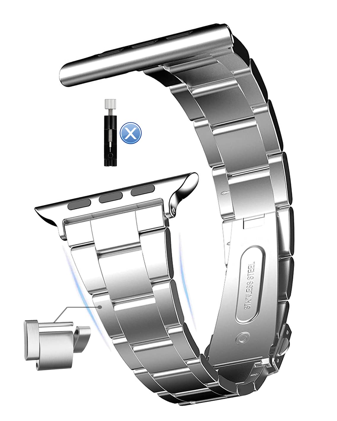 MaKTech Stainless Steel Watch Band,Self-dismantling (No Tool Needed),Three-Piece Metal Link Bracelet Strap,Compatible with Apple Watch Series 10/9/Ultra 2/SE/8/7[2024] (46mm/45mm/44mm/49mm,Silver)