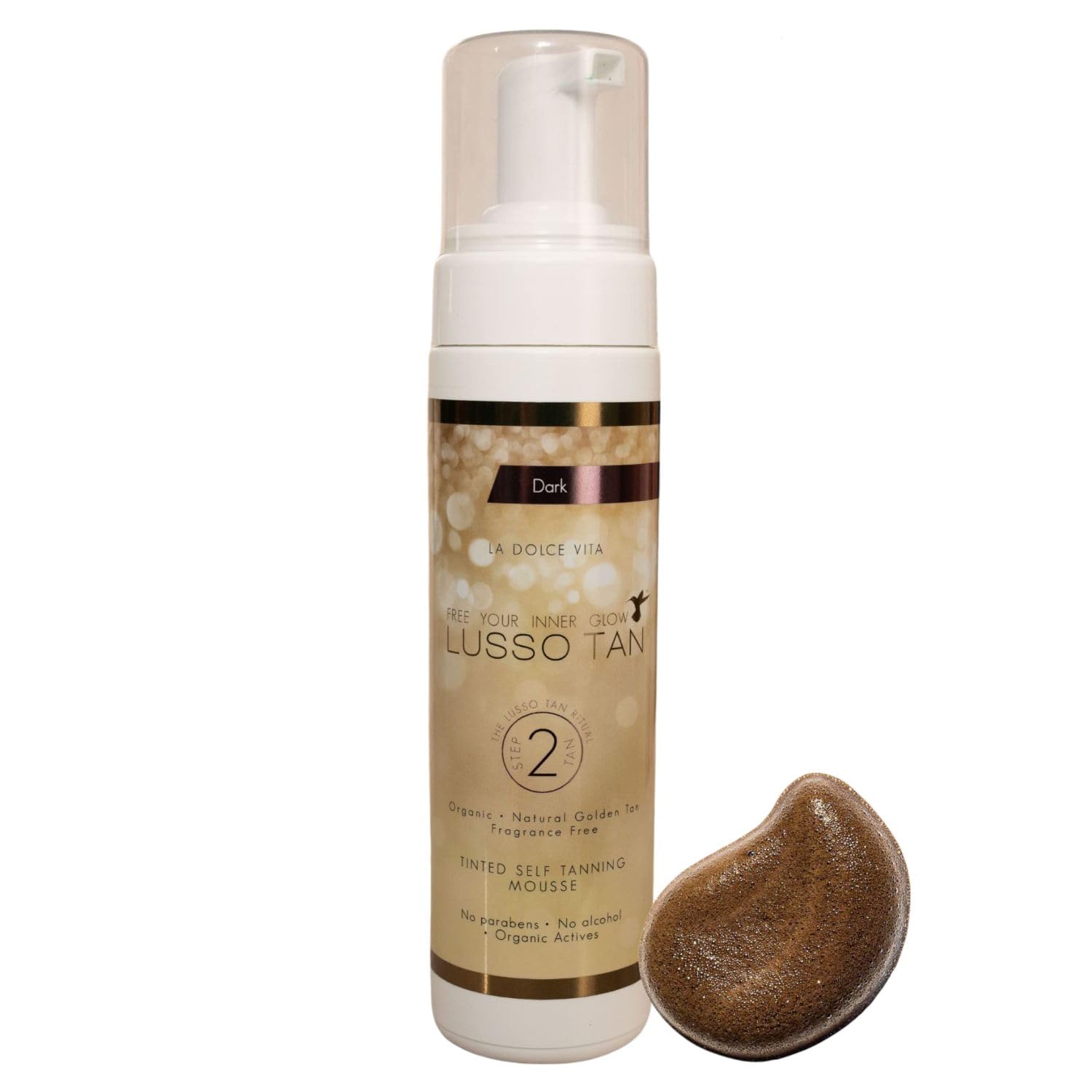 Professional Dark Self Tanning Mousse - By Lusso Tan. Organic, Vegan, Cruelty-Free False Tan. Instant-drying. Streak-free, Flawless Finish Fake Tan. Natural Glow Face and Body Tint.