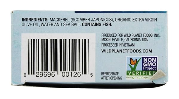 WILD PLANET SKINLESS BONELESS MACKEREL FILLETS IN ORGANIC EXTRA VIRGIN OLIVE OIL, TINNED FISH, SUSTAINABLY CAUGHT, NON-GMO, KOSHER, GLUTEN FREE, KETO AND PALEO, 4.4 OUNCE SINGLE UNIT