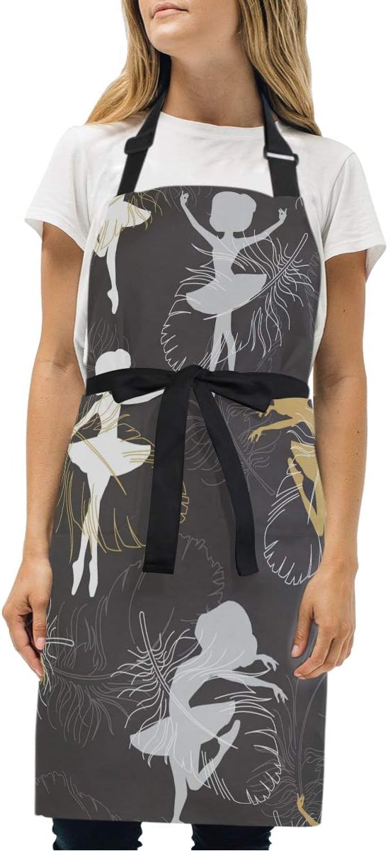 JUAMA Feather Ballet Girl Adjustable Bib Apron with 2 Pockets Funny Home Kitchen Cooking Apron for Men Women Kids