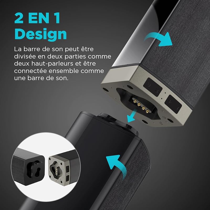 Barre de Son 2.0 canaux pour téléviseurs, Barre de Son 2 en 1 Divisible 32 Pouces pour TV Barre de Son Bluetooth avec 3 Modes EQ et Son Surround 3D, Barres de Son Arc/Optique/AUX, 1pcs — photo 3 sur 8