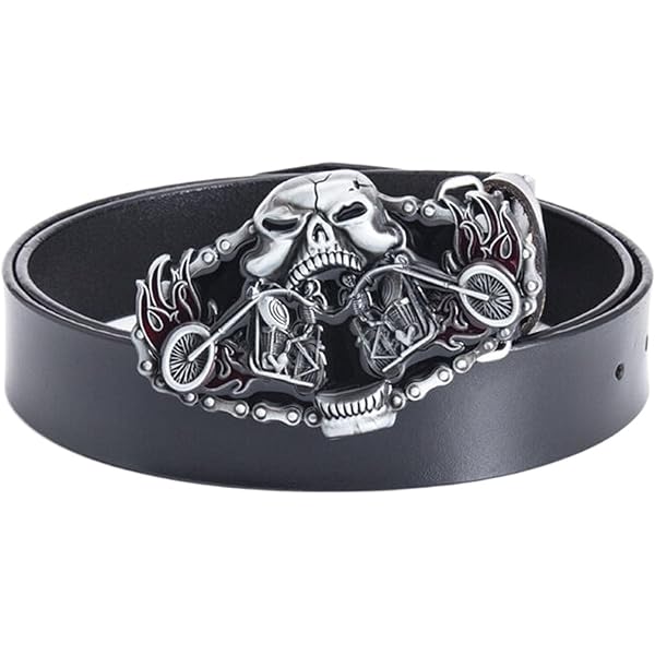 Skull Buckle Leather Belt - Gothic Punk Biker Belt For Men With Wide Design