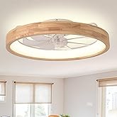 24'' Ceiling Fan with Light Fandelier Flush Mount Low Profile Wood Ceiling Fan with Dimmable LED Light 3 Color 6 Speeds
