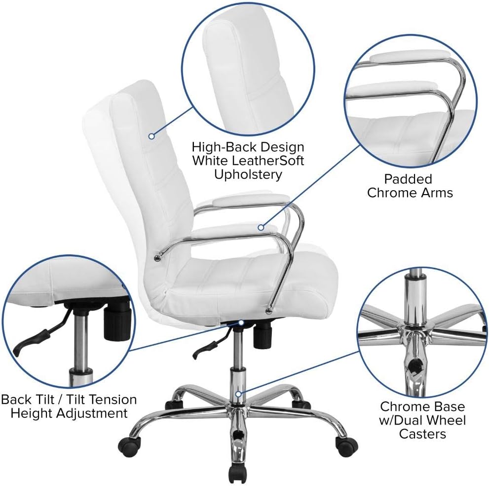 Flash Furniture High Back Office Chair | White LeatherSoft Office Chair with Wheels and Arms: Furniture & Decor