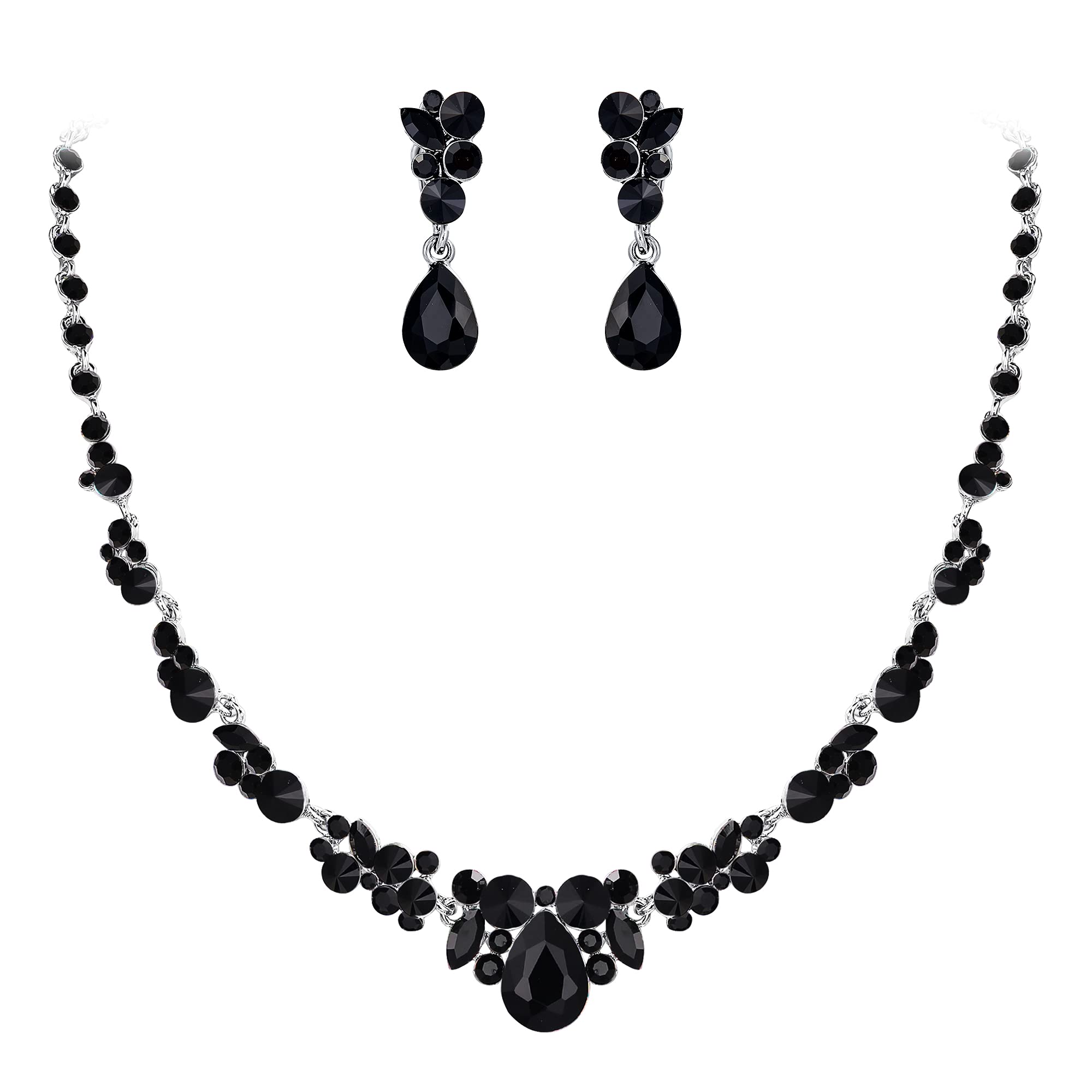 Ever Faith Bridal Jewellery Set Black Rhinestone Crystal Wedding Prom Party Floral Teardrop Necklace Earrings Sets for Brides Silver-Tone — image 1