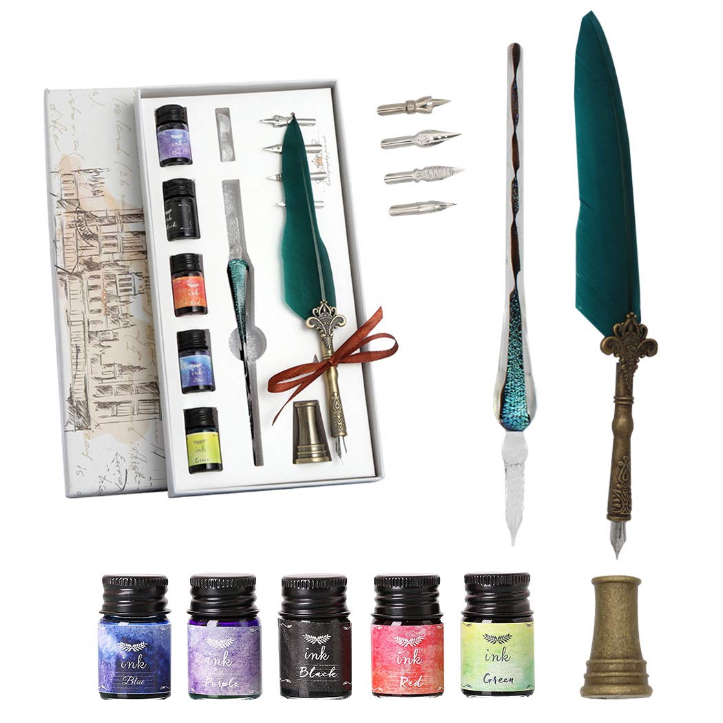 SIPLIV Calligraphy Feather Pen Glass Dip Pen Set With Feather Dip Pen, Glass Pen, 5 Colors Ink, 4 Replacement Nibs, Pen Rest, Metal Pen Holder, Dark Green