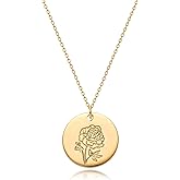 MYEARS Women Birth Flower Necklace Gold Coin Engraved Disc 12 Month Flower Bouquet Pendant 14K Gold Plated Dainty Chain Personalized Floral Jewelry Birthday Gift