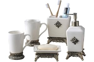 RMENST Bathroom Accessories Set, 5-Piece Ceramic Bathroom Sets for Counter Top Restroom Apartment Decor, Gift for Women and M