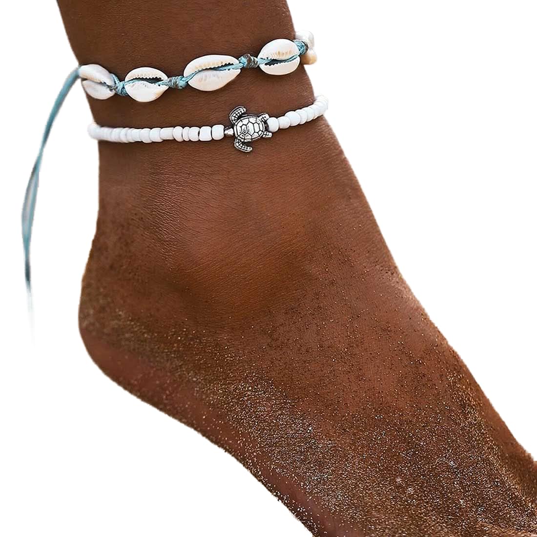 Prosy Boho Shell/Starfish/Turtle/Anklets Weave Ankle Bracelets Beaded Beach Summer Foot Jewelry Adjustable for Women and Girls (White)