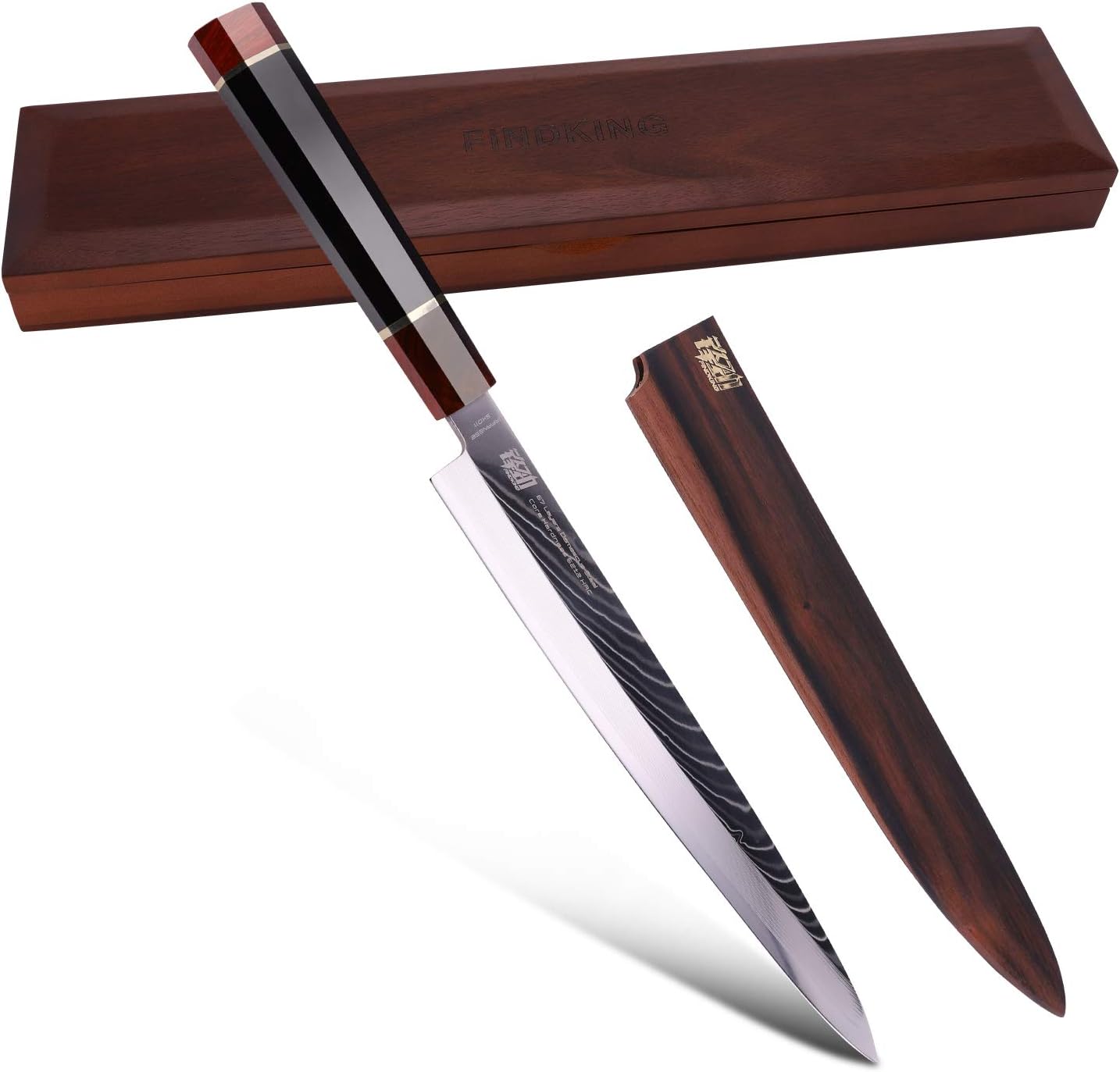 10.5 inch Yanagiba Knife by Findking-Prestige series-67 layers Japanese SKD11 Damascus Steel w/octagon Handle with Wooden Knife Cover and Box