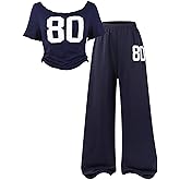 OYOANGLE Girl's 2 Piece Outfit Number Graphic Short Sleeve Jersey Tshirts and Wide Leg Sweatpants Set Sweatsuits