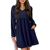 Dokotoo Womens Fall Dresses 2025 Casual V-Neck Long Sleeve Empire Waist Waffle Knit Mini Dress with Pockets