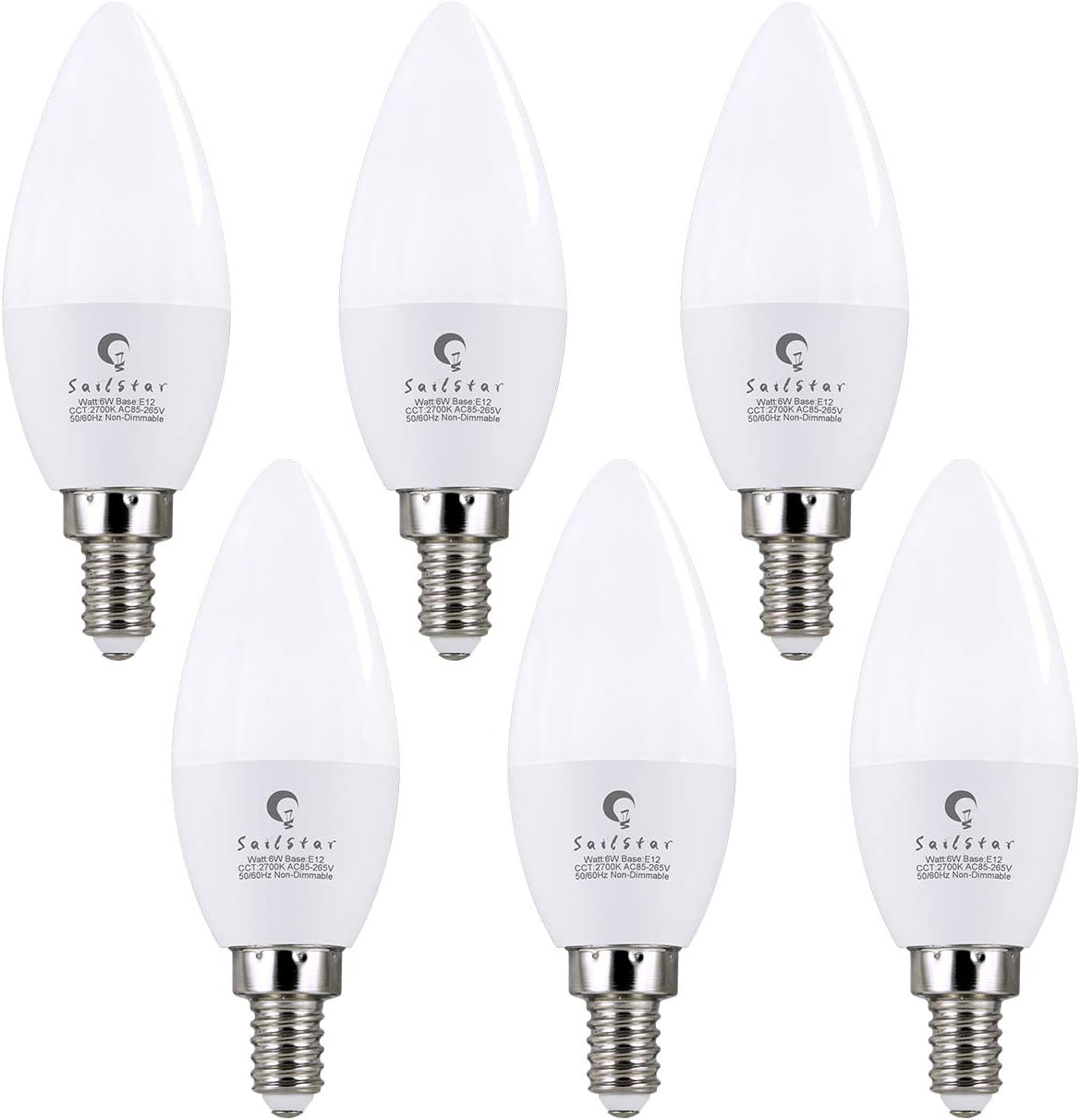 (6 Pack)Sailstar 6W LED Candelabra Bulb, Warm White 2700K LED Candle Light Bulbs, 40-60 Watt Fan Bulbs Equivalent, E12 Candelabra Base, 600 Lumen Torpedo Shape B11 LED Light