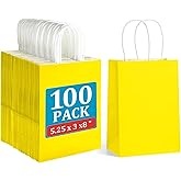 BagDream 5.25x3x8 Inch 100Pcs Yellow Gift Bags with Handles Small Kraft Paper Bags Bulk for Welcome Party Favors, Baby Shower, Goody, Treat, Retail, Grocery Paper Sacks