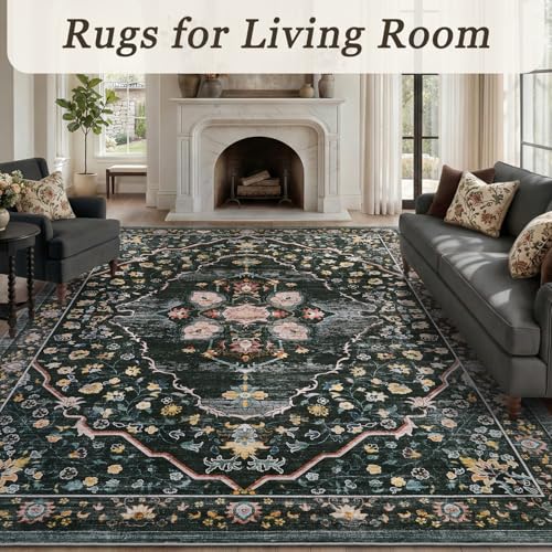 Retro Rugs for Living Room Area Rug-Carpet 5x7 Vintage Living Room Rugs for Bedrooms Dining Office Room Black