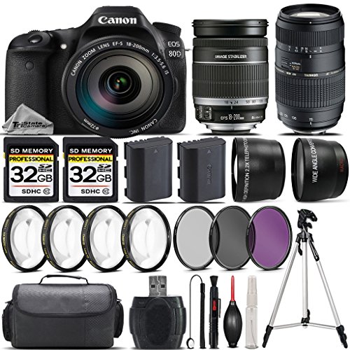 Canon EOS 80D DSLR Camera + Canon 18-200mm IS Lens + Tamron 70-300mm Di LD Macro Lens + 0.43X Wide Angle Lens + 2.2x Telephoto Lens + 64GB Storage + 4PC Macro Kit + UV-CPL-FLD - International Version Canon EOS 80D DSLR Camera + Canon 18-200mm IS Lens + Tamron 70-300mm Di LD Macro Lens + 0.43X Wide Angle Lens + 2.2x Telephoto Lens + 64GB Storage + 4PC Macro Kit + UV-C   PL-FLD - International Version