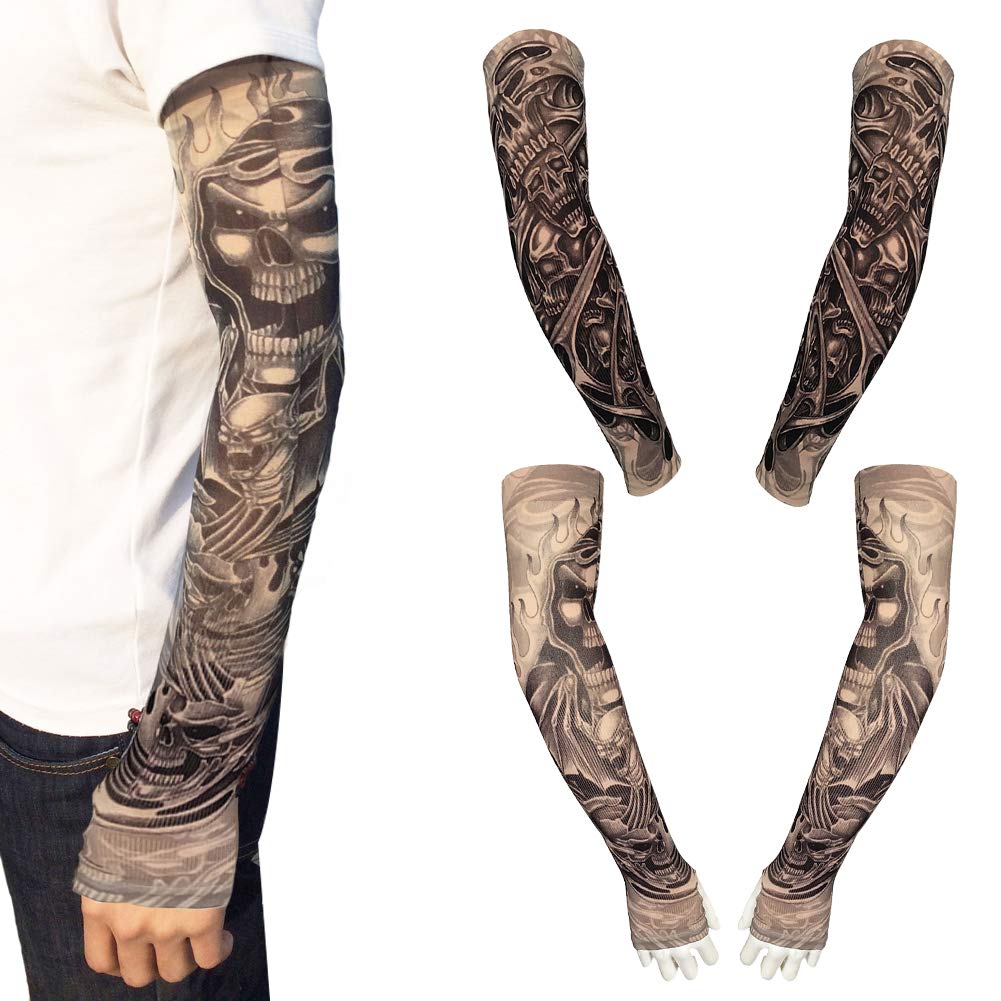 EQLEF Arm Tattoo Sleeves for Men, Soft Fake Temporary Tattoo Cover Arm Stockings Sunscreen Sleeves for Halloween, Basketball, Cycling and Driving - 2 Pairs