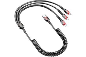 FINEANDENG 3-in-1 USB Spring Charging Cable USB-A Male to Type-C/Micro USB Male 3-in-1 Spring Data Cable for Car Charging,Mob
