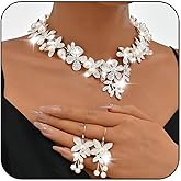 Unicra Crystal Flower Bridal Wedding Jewelry Set Rhinestone Necklace Earrings Sets Pearl Formal Costume Jewelry for Women and Brides