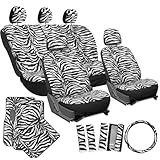 OxGord 21pc Set Zebra Car Seat Cover, Carpet Floor Mats Steering Wheel Cover Shoulder Pads-Airbag-Front Low Buckets-50-50 or 60-40 Rear Split Bench-Universal Fit, Truck, SUV, or Van, Snow White