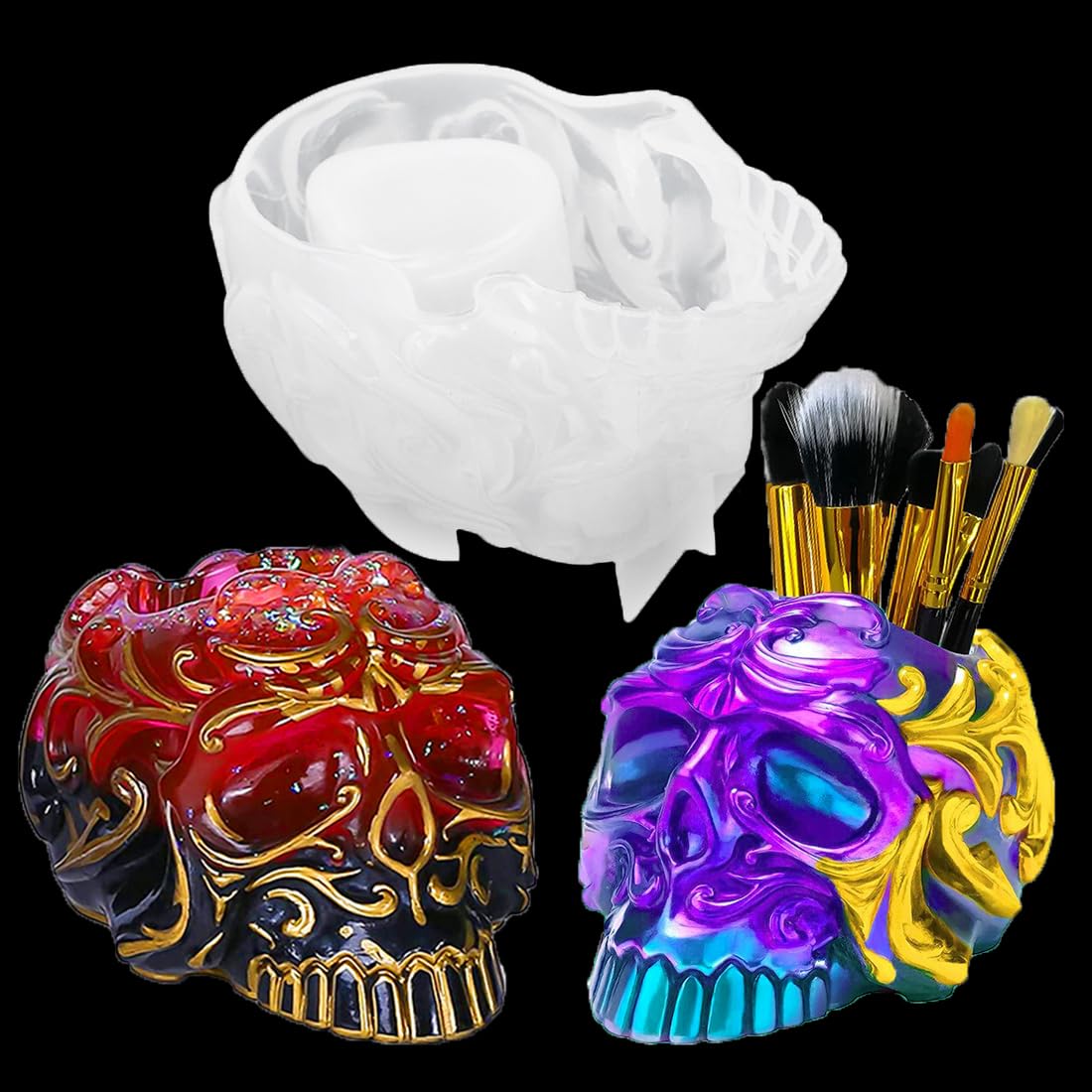Voyyphixa Skull Resin Moulds Molds for Resin Epoxy, Skull Head Resin Mold Ghost Silicone Mold Resin Casting 3D Skeleton Mold DIY Jewelry Box,Trinket Container,Makeup Brush Holder,Pen Holder