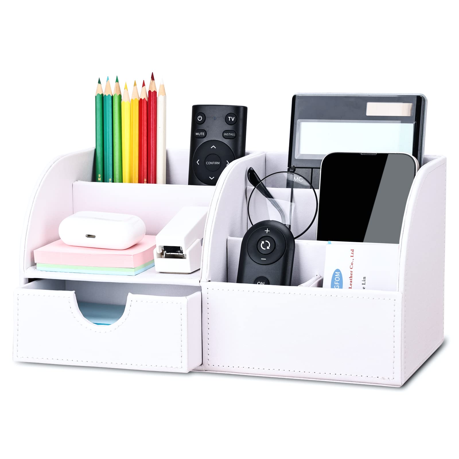 KINGFOM PU Leather Office Desk Organiser Tidy Pen Pencil Pots Stationery Storage Box Desk Accessories White