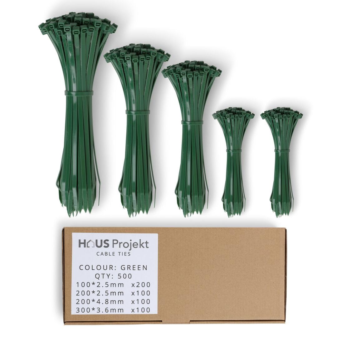 Haus Projekt Cable Ties 500 Pack Green, Assorted Size ​Zipties, 100/200mm x2.5, 200x4.8, 300x3.6, Cable Management Tidy, Heavy Duty Plastic Zip Tie Wraps, Garden Cable Ties — image 1