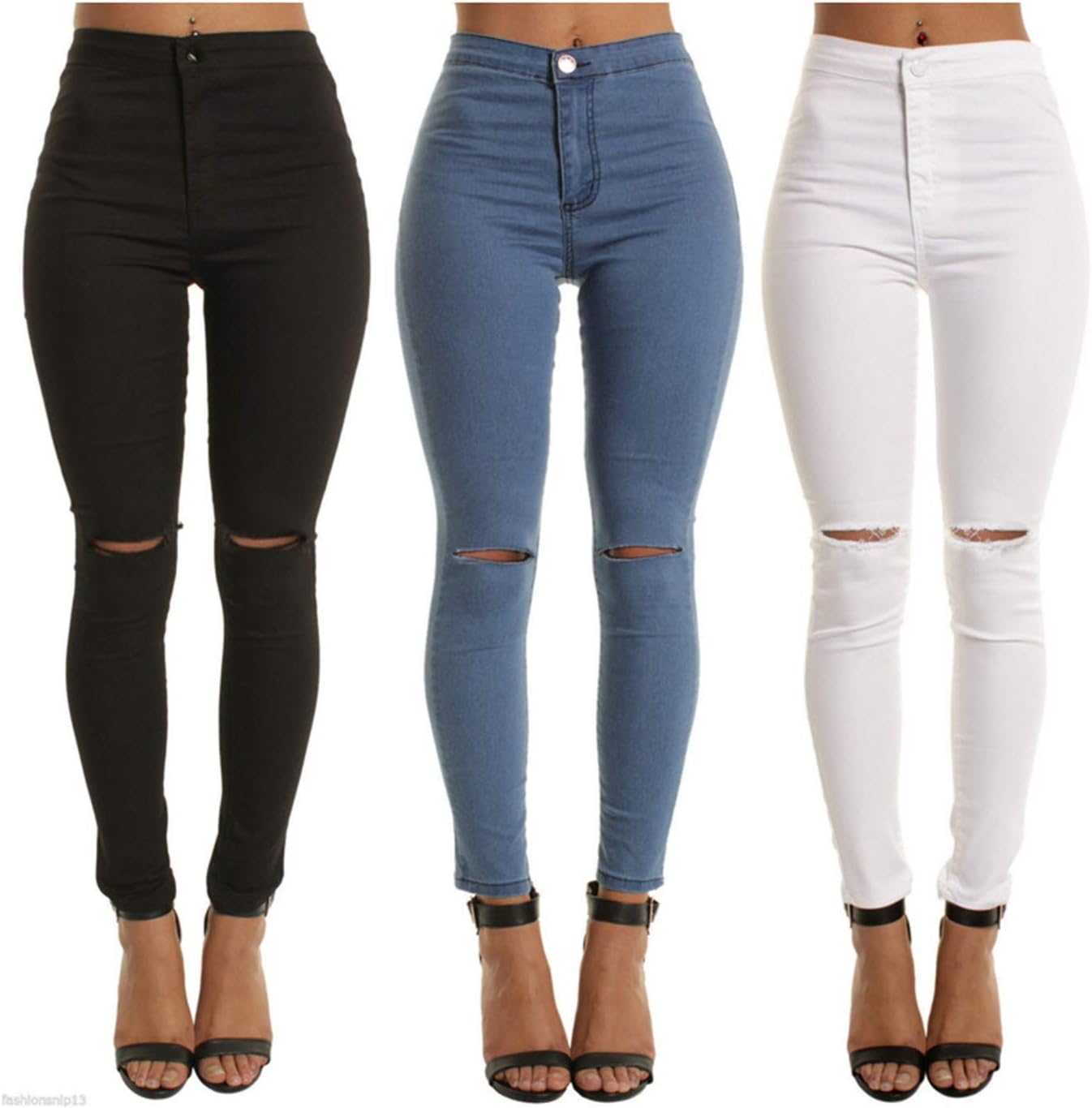 Soluo Women's Mid Rise White Skinny Jeans Ripped Comfy Stretchy Slim Fit Denim Pants Trousers (Blue, X-Large) : Office Products