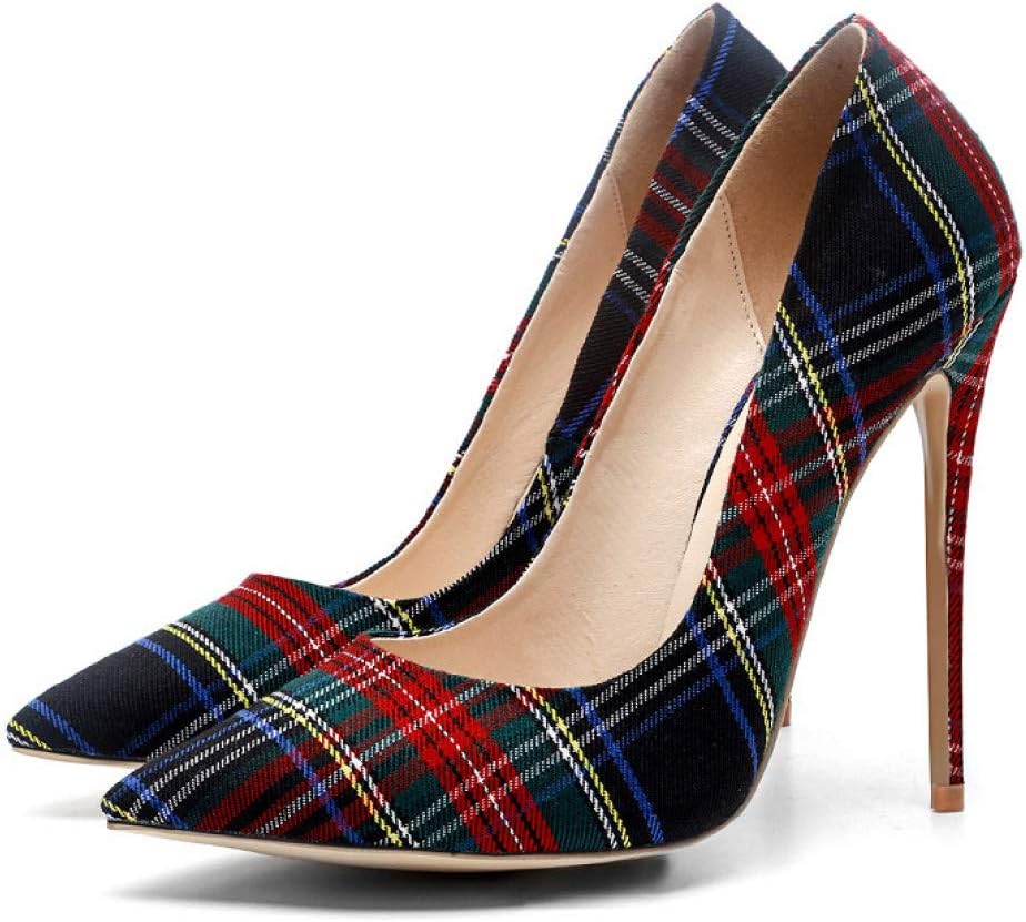 Women Plaid Stiletto Pointed Toe Shallow Slip on Thin Heel Shoes Party Wedding Pumps Gorgeous Footwear