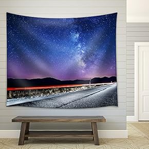 Night Sky with Milky Way and Stars. Night Road Illuminated by Car. Light Trails - Fabric Wall Tapestry Home Decor - 51x60 inches