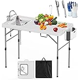 HLPB Fold in Half Folding Fish Cleaning Table with Sink, Foldable Protable Camping Sink Table with Drainage Hose & Fish Clean