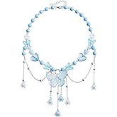 WETMT Layered Butterfly Choker Necklace for Women Purple Pink Blue Beaded Butterfly Necklace Fairy Heart Star Flower Charm Necklace Floral Tassel Renaissance Necklace Y2K Elf Rave Jewelry