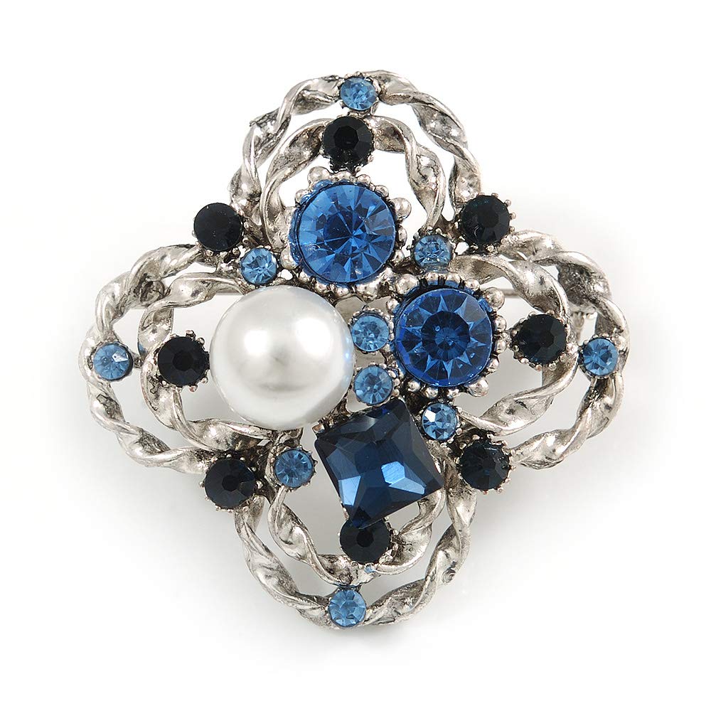 Vintage Inspired Crystal, Pearl Floral Brooch In Pewter Tone Metal - 45mm Diameter