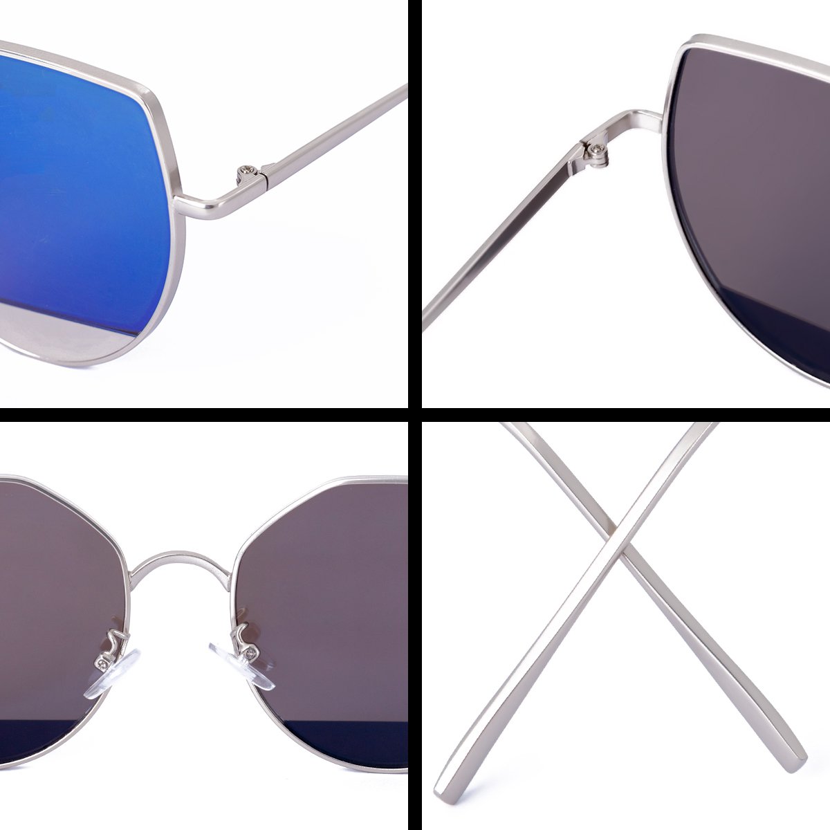 WISH CLUB Cat Eye Sunglasses Coating Mirrored Flat Lenses Fashion Metal Frame Women UV 400 (Blue)