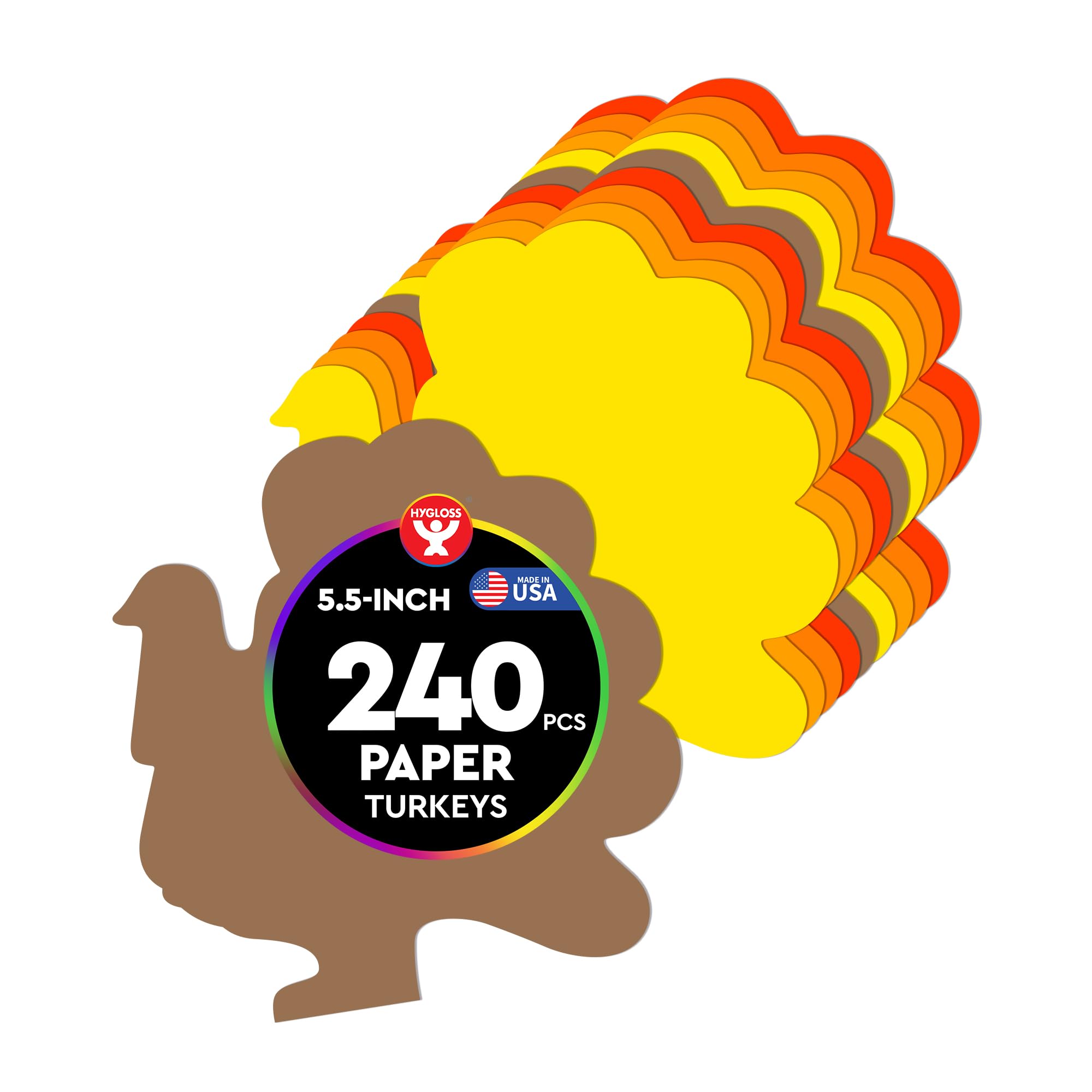 Hygloss Turkey Shape Paper Cut-Outs for Arts & Crafts-Many Creative Uses-Thanksgiving Activities Fall 5.5 Inches-240 Pcs, Assorted Colors Image