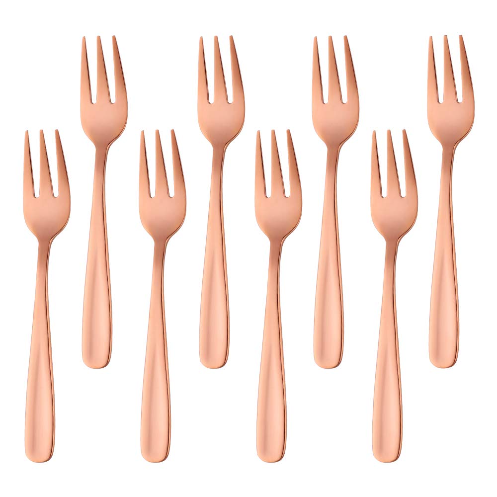 BISDARUN Dessert Forks Stainless Steel Cake Fork 3 Tines Fruit Fork 8-piece Rose Gold Forks Set Mirror Polish ideal for Wedding Party