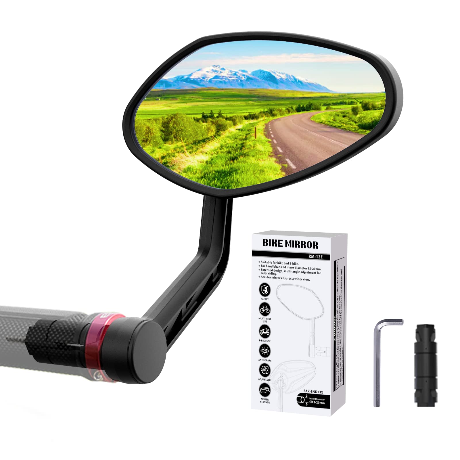 RBRL RM13E-1 New Bar End Bike Mirror, Rotatable HD Crystal Safety Bike Mirror Rear View Mirrors, Wider Vision Shockproof Bicycle Mirror, Universal Bicycle Mirrors for Electric Bike (Right),10.5 x 6 cm