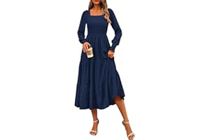 CFLONGE Women's Fall Dresses 2024 Puff Long Sleeve Square Neck Dress High Waist Smocked A-Line Flowy Wedding Party Maxi Dress