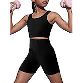 OYOANGLE Girl's 2 Piece Yoga Athletic Outfits Scoop Neck Crop Tee Tank Top and Biker Shorts Set