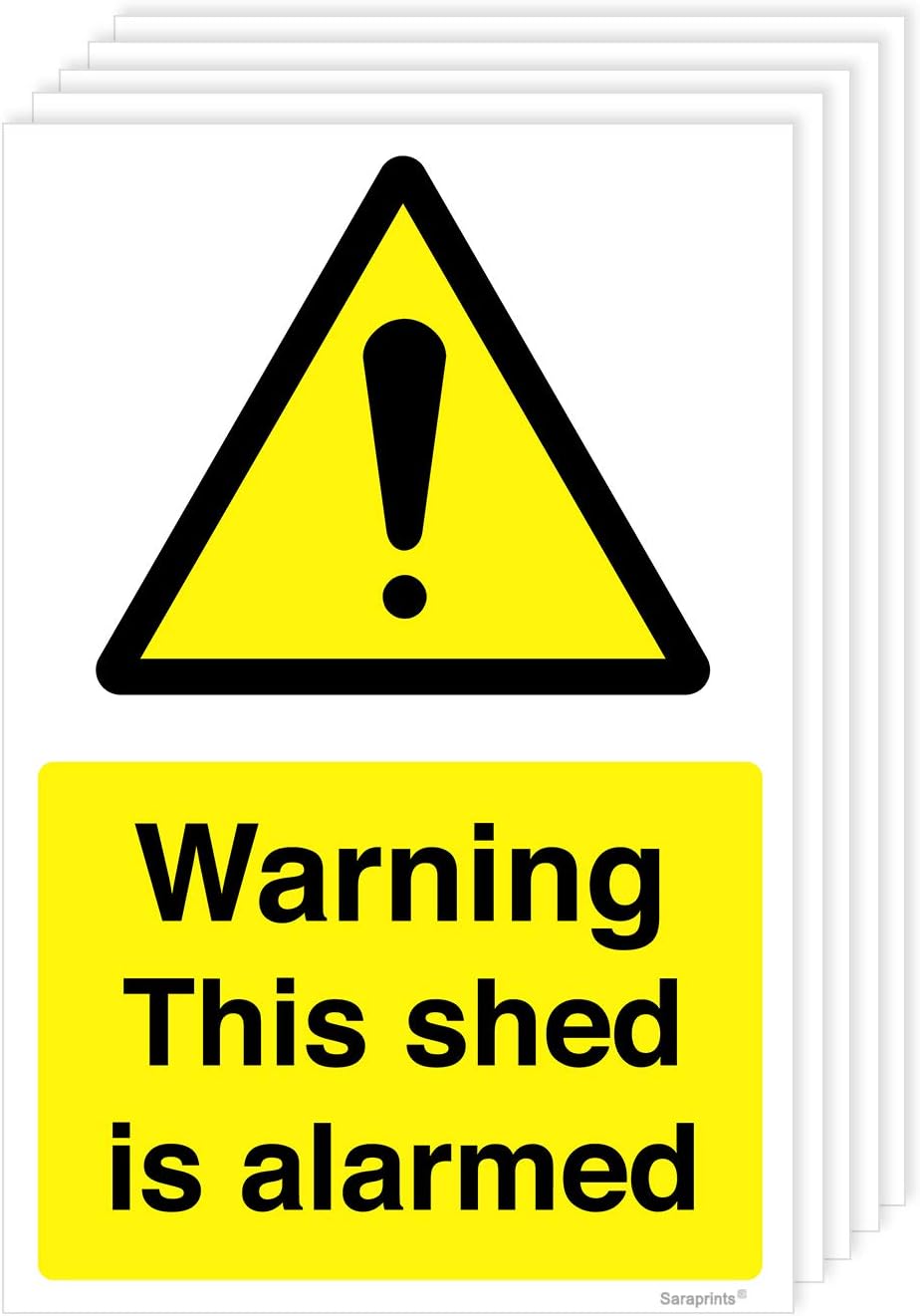 Pack of 5 Shed Alarm Sign Self Adhesive (100 x 150 mm) Waterproof Stickers Shed Alarmed Sticker, Yellow, 100 x150 mm - Image 3