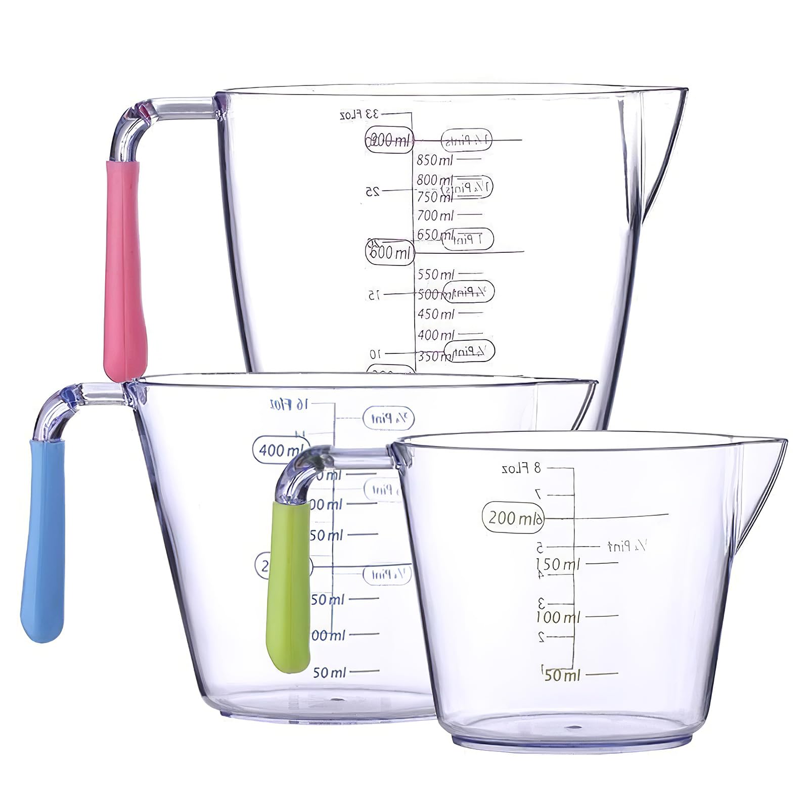3PCS BPA-Free Plastic Measuring Jugs for Kitchen & Baking, Set with Handle, 200ML/400ML/900ML
