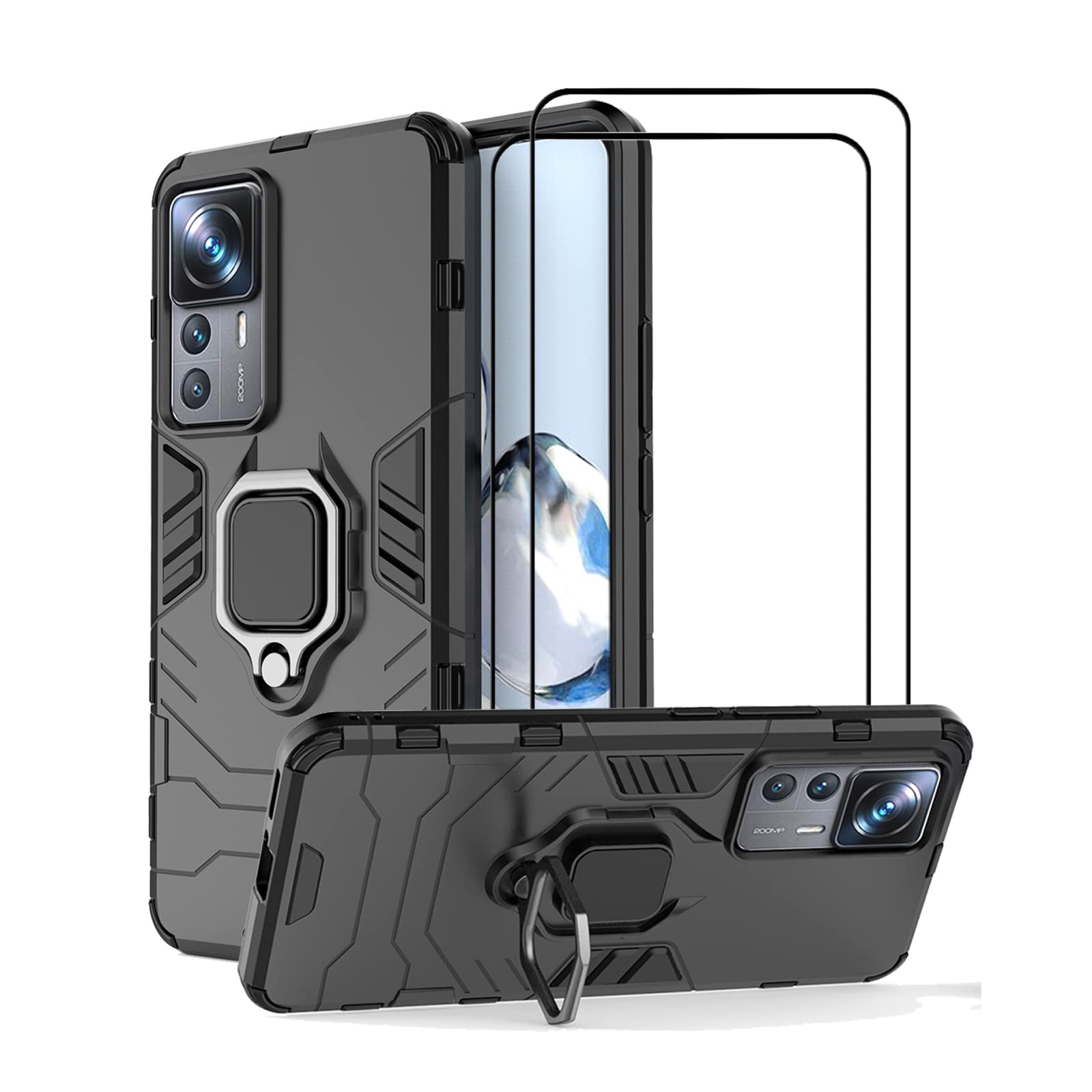 MMlife for Xiaomi 12T Pro Kickstand Case with Tempered Glass Screen Protector [2 pieces], Hybrid Heavy Duty Armor Dual Layer Anti-Scratch Case Cover, Black