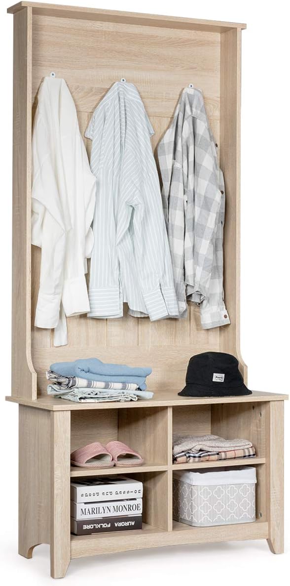Amazon Com Tangkula Hall Tree Entryway Wooden Hall Tree With Storage Bench Entryway Storage Organizer Coat Rack Shoes Bench With 3 Hooks Perfect For Entryway Dorm Room Apartment Natural Home Kitchen