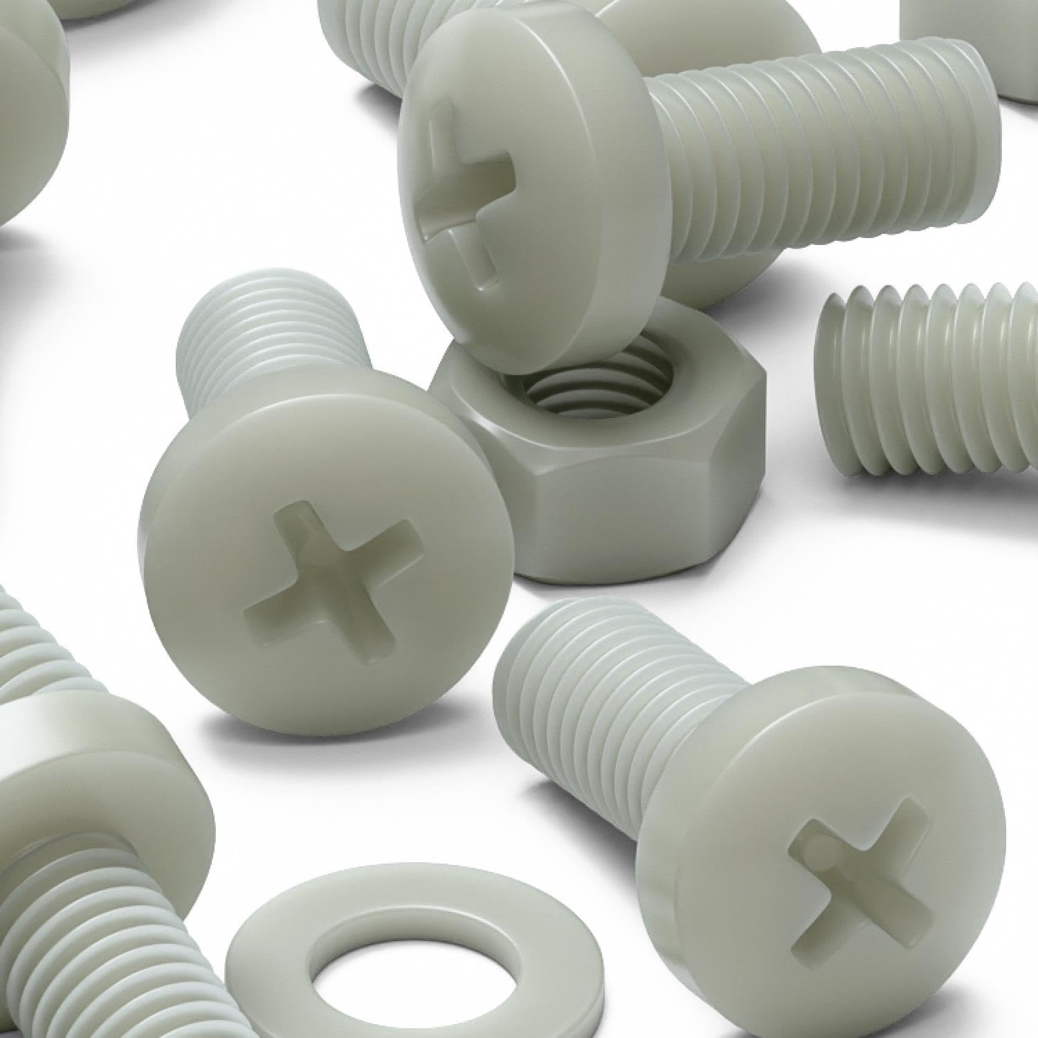 50 x Glass Filled Reinforced Super Nylon Pan Head, Crosshead Machine Screws, M8 x 20mm, Plastic Nuts and Bolts, Washers,