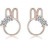 Reffeer Solid 925 Sterling Silver Easter Rabbit Earrings Studs for Women Teens CZ Bunny Stud Earrings