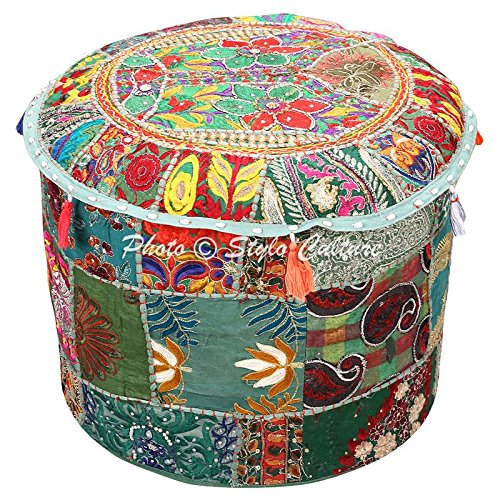 Stylo Culture Ottoman Pouffe Footstool Vintage Large Floor Pouf Cover Dark Green Indian Embroidered Patchwork Cotton Traditional Round Fabric Ottoman Pouf Cover (22x22x13 Inch) 55cm (COVER ONLY)