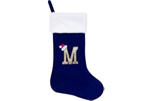 CRSTAFU Christmas Stockings Personalized Monogram, 20 Inches Family Initial Xmas Stockings, Super Soft White Plush Cuff with Deluxe Blue Velvet Body and Gold Letter(M)