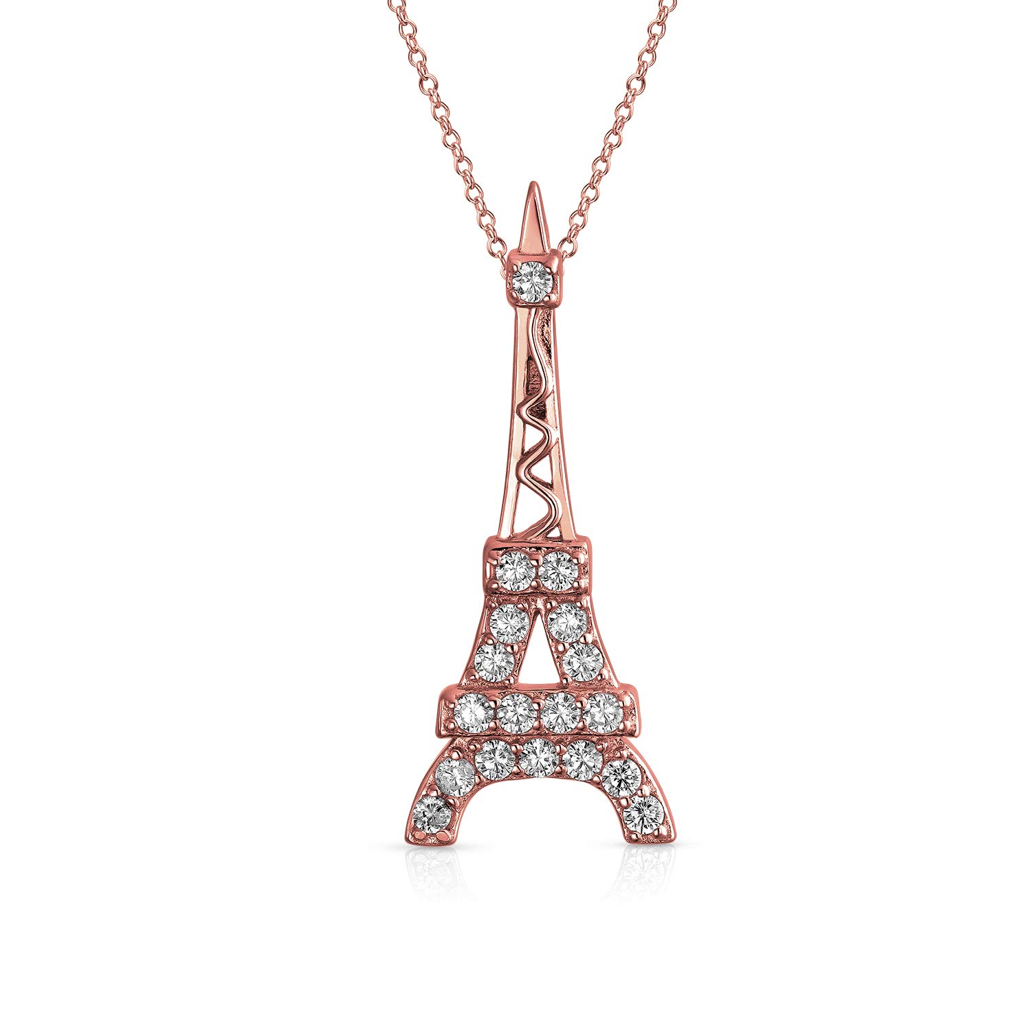 Bling Jewelry Cubic Zirconia Pave French Vacation CZ Accent Dangling Paris France Eiffel Tower Pendant Necklace For Women Teen Oxidized .925 Sterling Silver