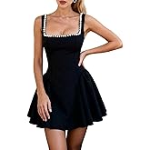 Rosegalette Womens Sexy Square Neck Mini Pearl Dress Sleeveless Backless A Line Ruffle Short Wedding Guest Dresses