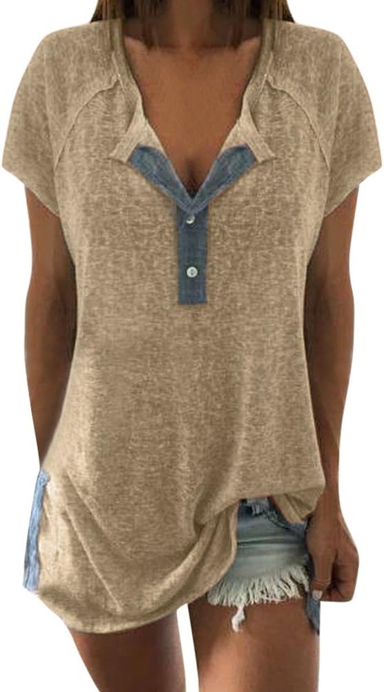 Women's Patchwork T-Shirt,LANSKIRT Sales! Ladies Loose Casual Short Sleeve Blouse with Button Summer Fashion Tops Solid Color Vintage Blouses Beige